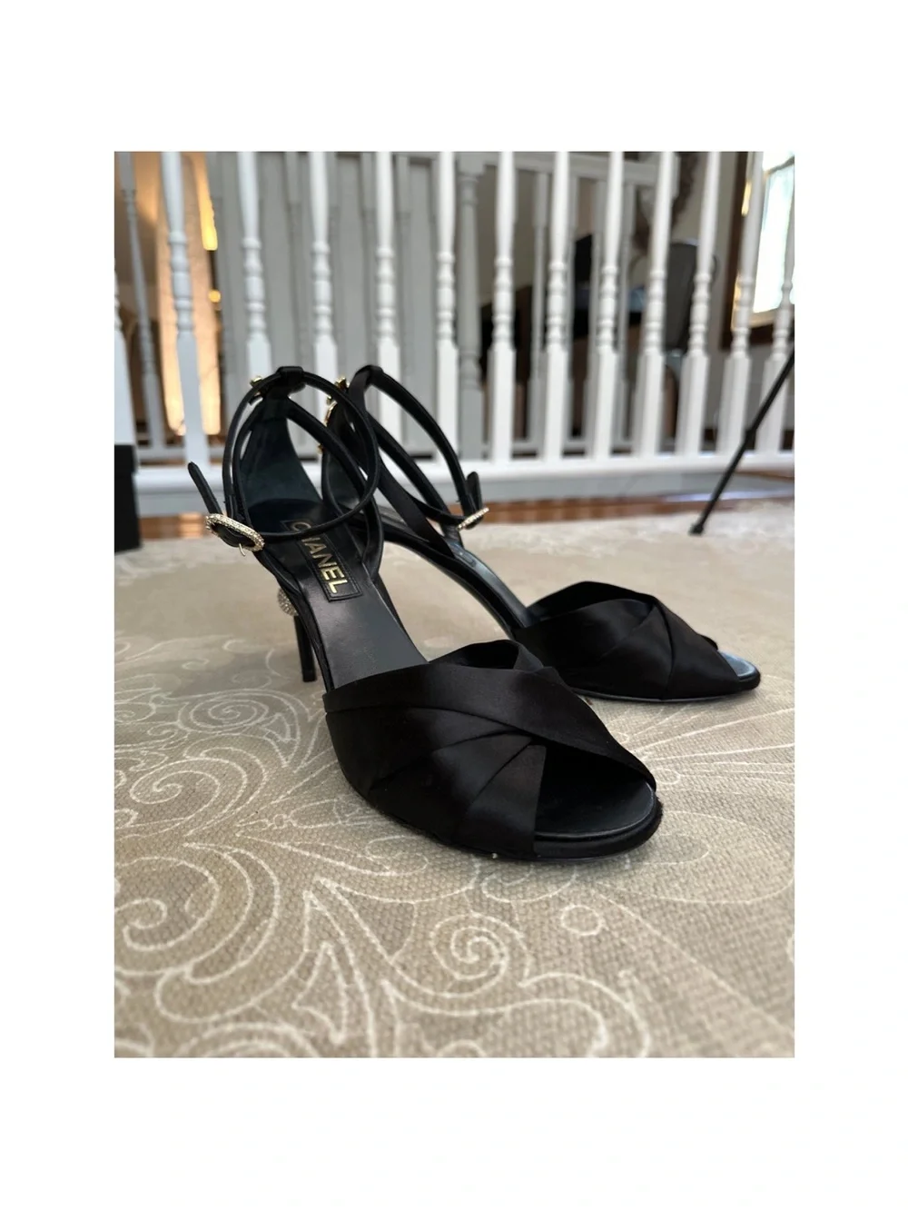 CHANEL Black Satin Crisscross Open-Toe Ankle-Strap Heels with Gold Hardware